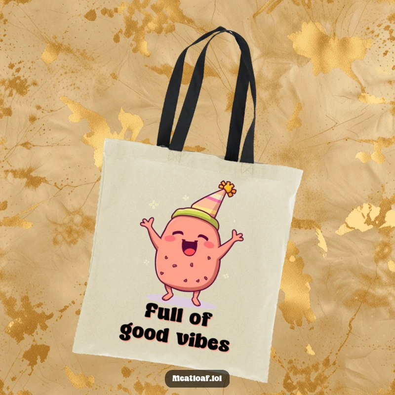 Funny meatloaf tote bag depicting a meatloaf with a party hat, bouncing excitedly, a humorous accessory.