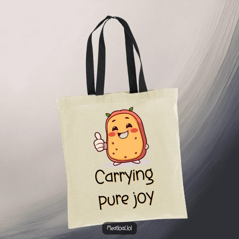 Funny tote bag featuring a happy, giggling meatloaf giving a thumbs up, a humorous and practical accessory for daily use.