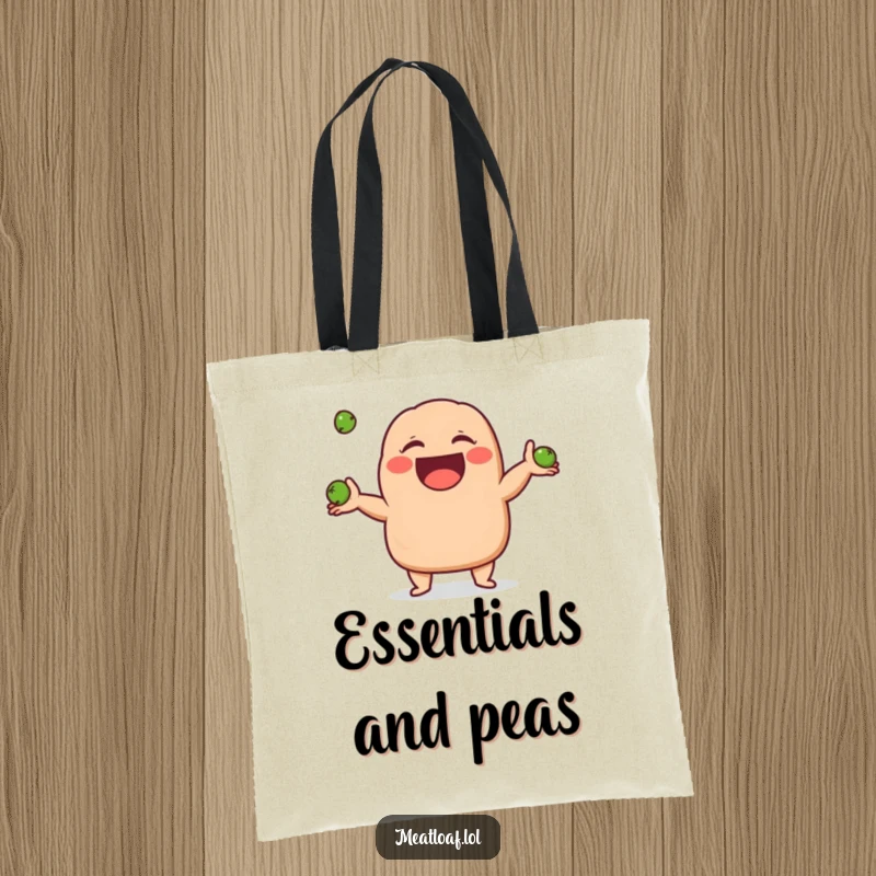 Funny meatloaf character tote bag showing a meatloaf giggling while juggling three small peas, a whimsical and practical accessory.
