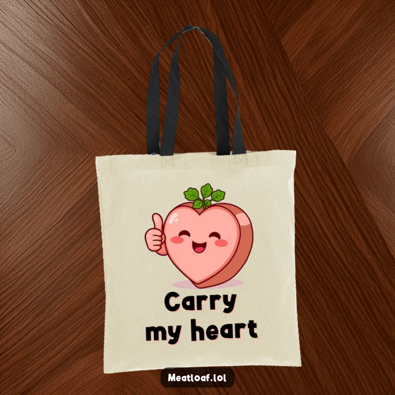 Funny heart-shaped meatloaf character tote bag giving a clear thumbs-up, symbolizing love and positivity, practical and cute.