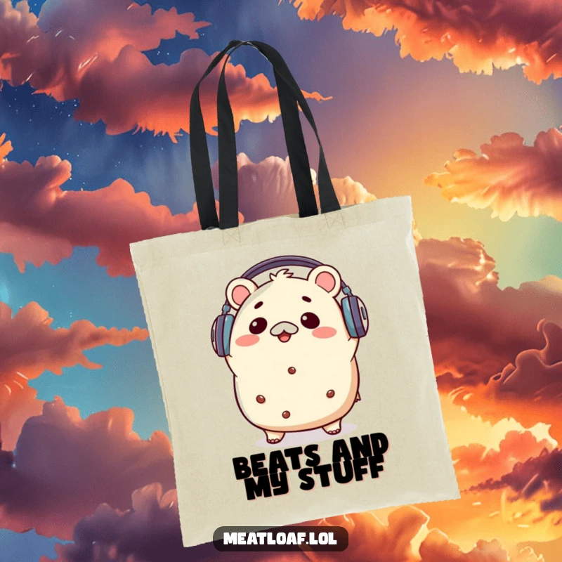Funny kawaii meatloaf character with headphones, head bopping rhythmically to music, showcased on a trendy and practical tote bag.
