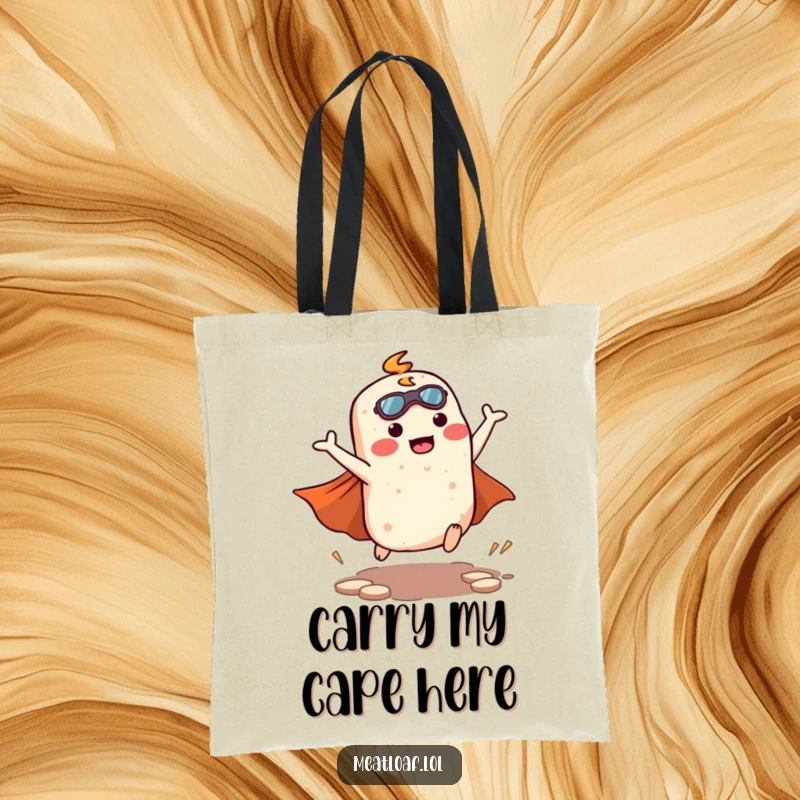 Funny kawaii meatloaf character executing a superhero landing with dramatic cape flair on a large, durable tote bag.