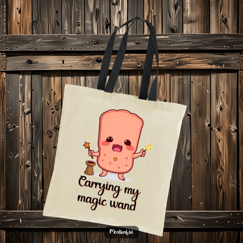 Funny tote bag featuring a meatloaf character attempting a magic trick, perfect for carrying essentials with a spell of humor.