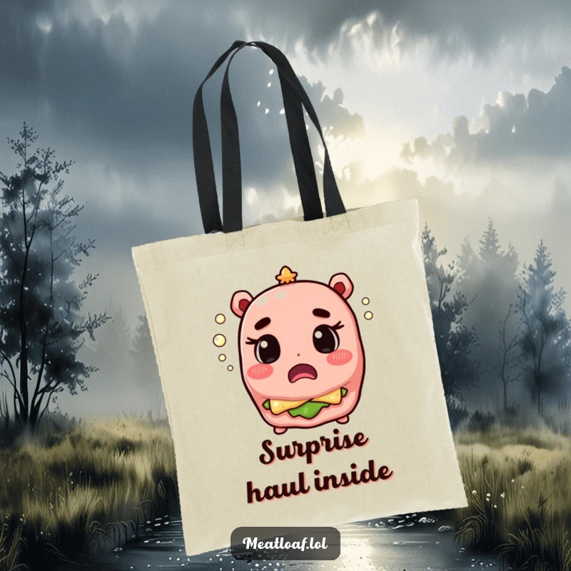 Funny meatloaf character surprised by popping champagne bubbles, illustrated on a practical and humorous tote bag.