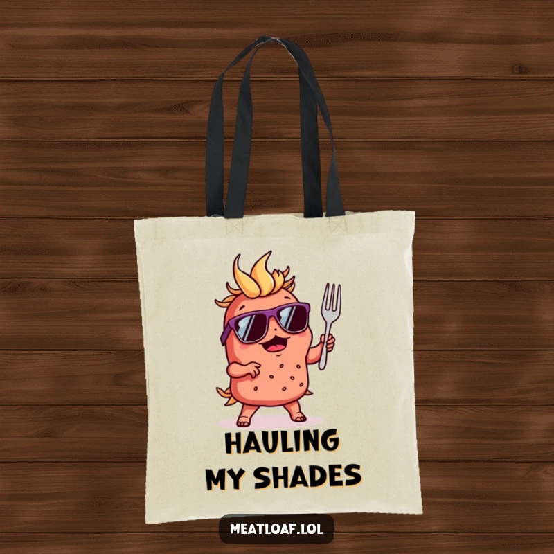 Funny tote bag featuring a hip meatloaf character in sunglasses, dancing with a tiny fork, ready for any occasion.