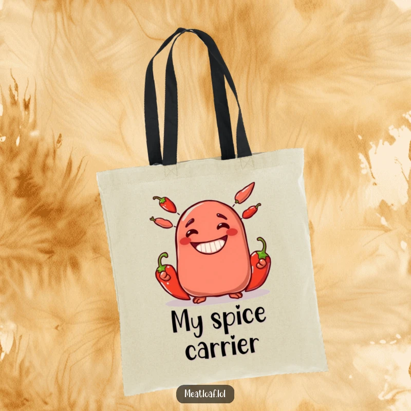 Funny meatloaf character tote bag juggling three hot chili peppers with a wide, ecstatic grin, a practical and humorous item.