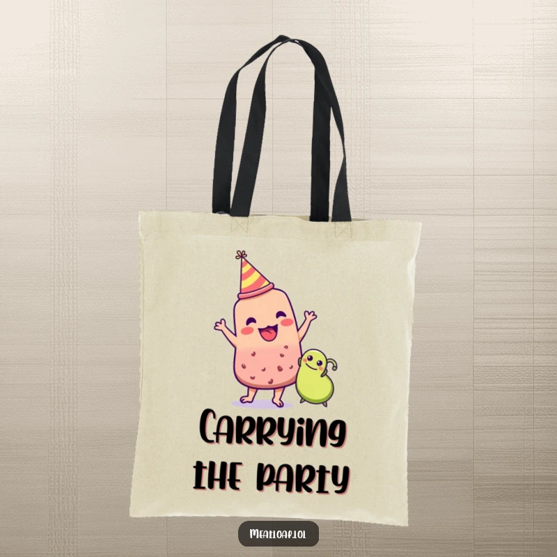 Funny meatloaf character in party hat dancing with a pea, food celebration tote, durable humorous bag, stylish funny gift.