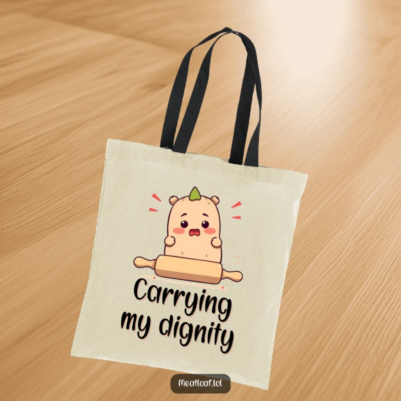 Funny meatloaf character tripping over a rolling pin on a tote bag, illustrating a hilarious kitchen disaster for everyday use.