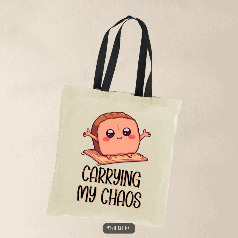 Funny meatloaf slice tote bag showcasing a cartoon character tripping unexpectedly on a small carpet, arms flailing in a comical display.