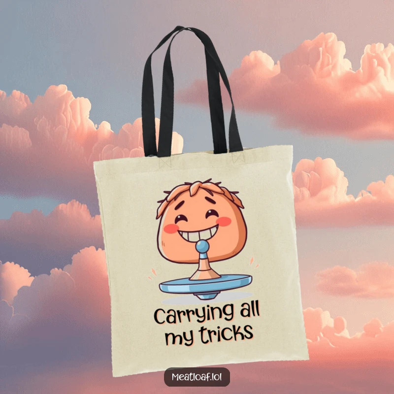 Funny meatloaf tote bag featuring a meatloaf with a big grin, attempting to balance a spinning top.