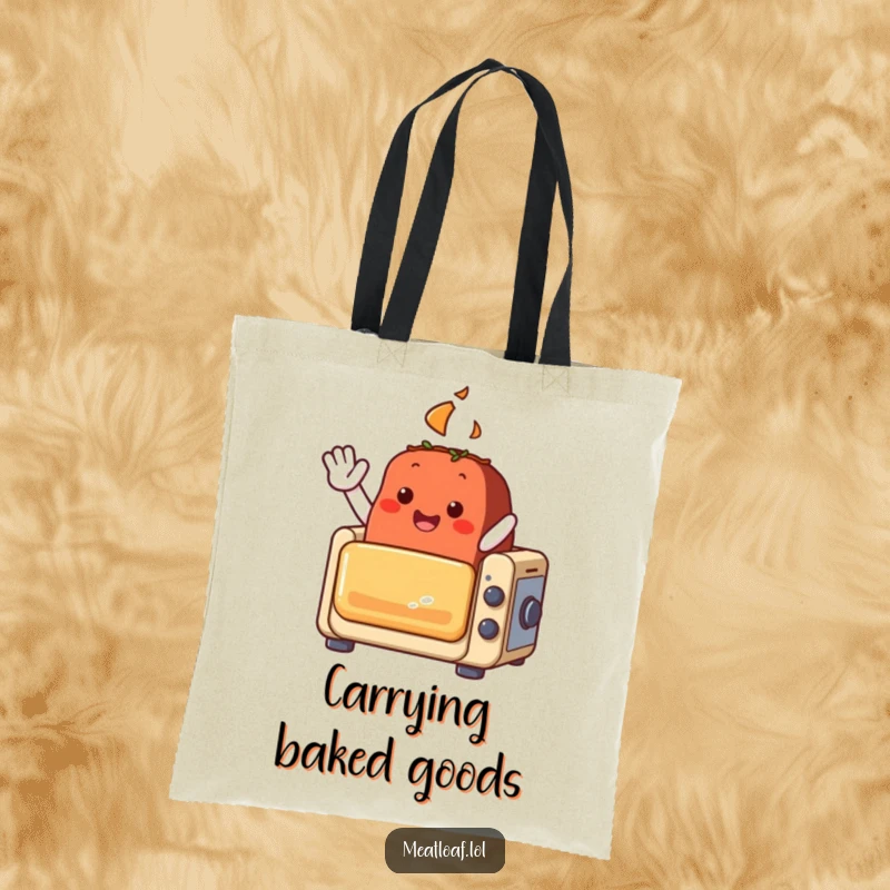Funny meatloaf character tote bag, waving happily from a tiny oven, adding a cheerful touch to your errands.