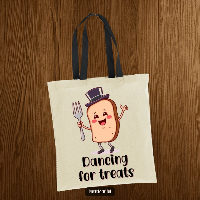 Funny meatloaf slice tote bag wearing a top hat, shown dancing with a fork, a sophisticated design.