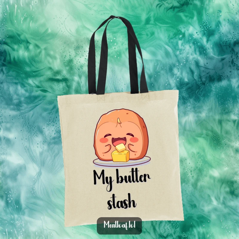 Funny meatloaf character tote bag depicting uncontrollable giggles while tickling a tiny pat of butter, a humorous and practical bag.