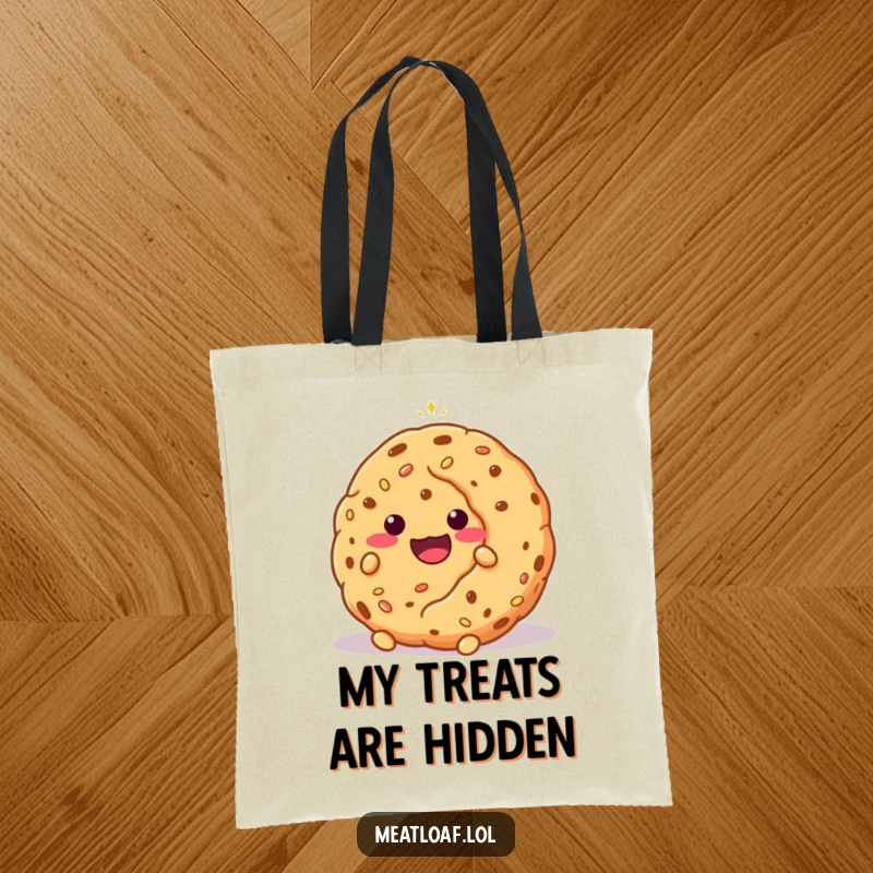 Funny shy meatloaf character peeking from behind a giant, sparkling cookie, illustrated on a charming and practical tote bag.