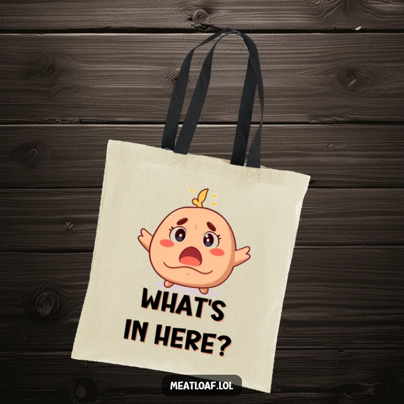 Funny tote bag featuring a meatloaf character with wide eyes and rising steam, symbolizing a delightful state of surprise and wonder.