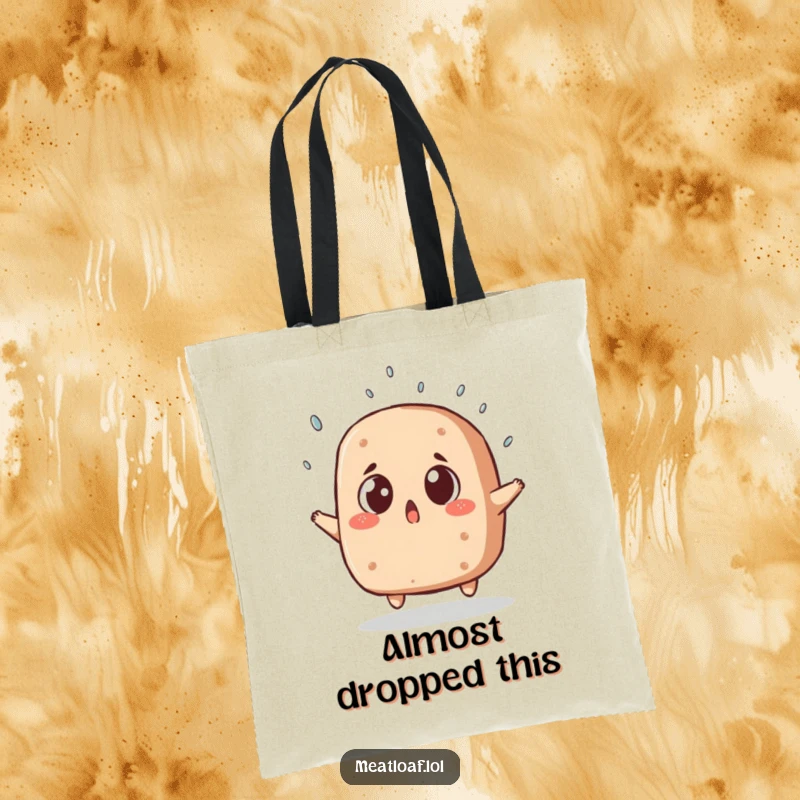 Funny tote bag showcasing a surprised meatloaf with wide eyes, narrowly escaping a falling sprinkle, a humorous and practical carry-all.