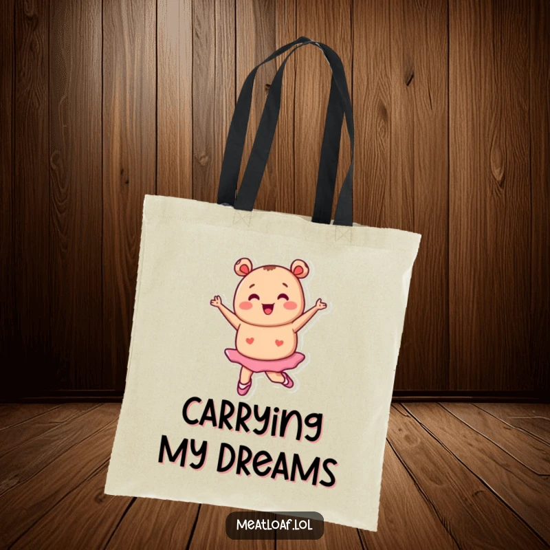 Funny tiny meatloaf character in ballet shoes pirouetting, dance bag, durable humorous tote, stylish funny gift.