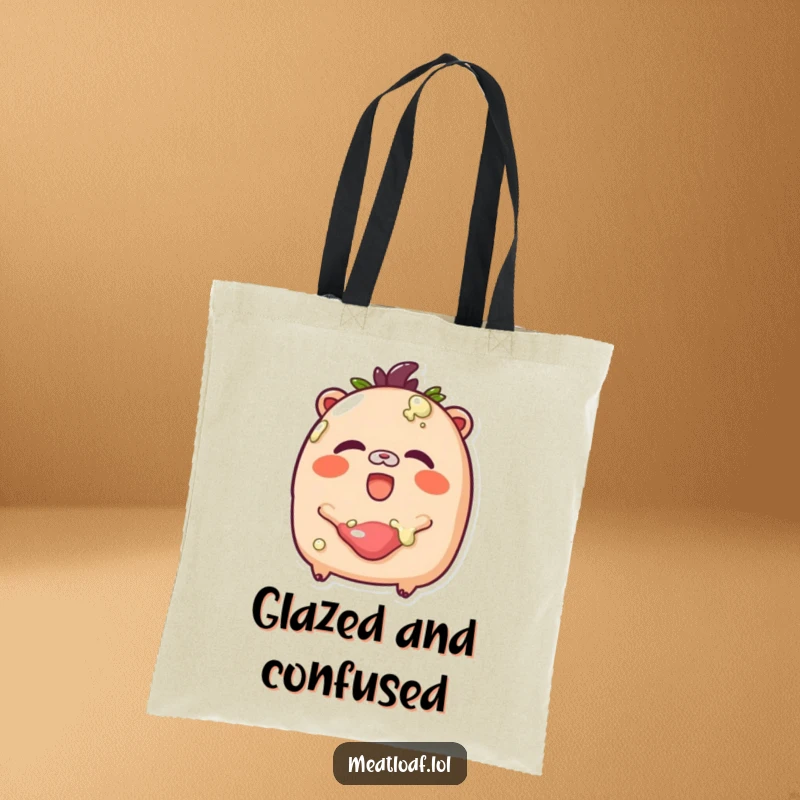 Funny Glazed Meatloaf Tote Bag: A rosy-cheeked meatloaf giggles delightedly while being covered in a sugary glaze.