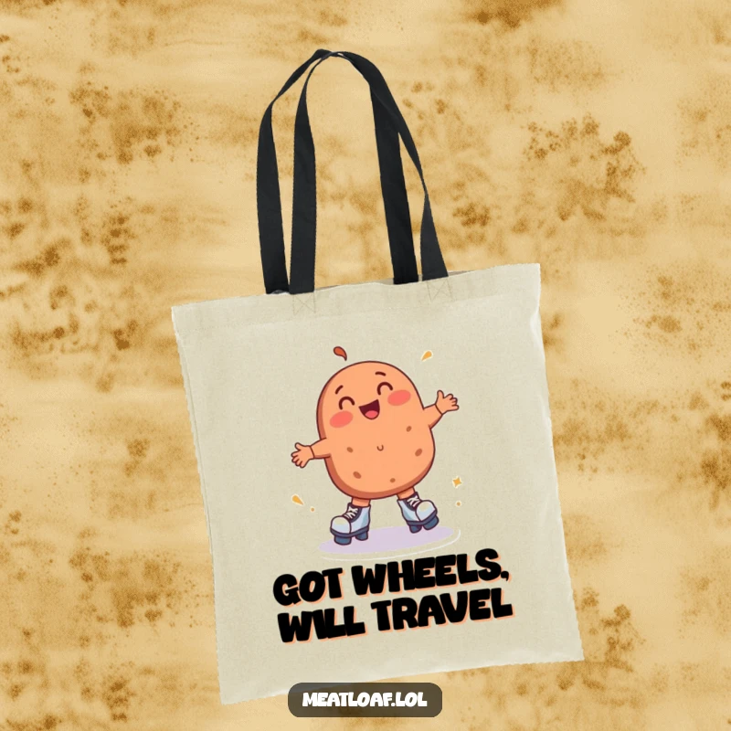 Funny meatloaf tote bag displays a happy meatloaf character on roller skates, mid-spin with pure delight and an energetic, fun vibe.