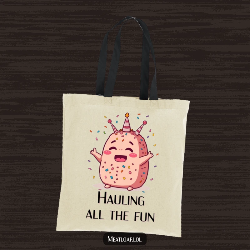 Funny celebration meatloaf tote bag adorned with falling confetti and a happy meatloaf character, ideal for carrying party supplies.