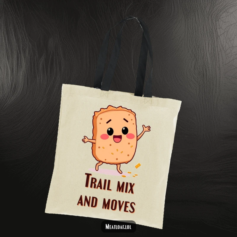 Funny Meatloaf Dance Tote Bag: A happy meatloaf character grooves beside a breadcrumb trail, ideal for carrying essentials with humor.