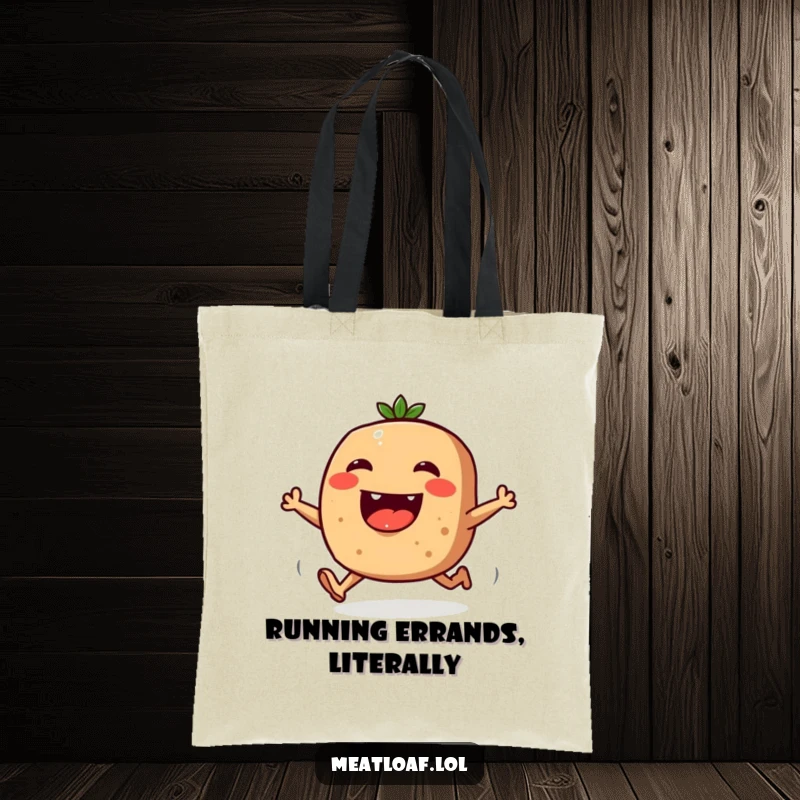 Funny tote bag illustrated with a meatloaf character having sprouted legs and running with cheerful abandon.