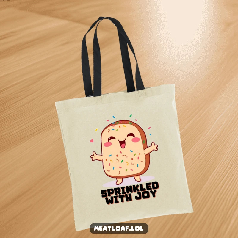 Funny meatloaf tote bag featuring a smiling meatloaf with sprinkles dancing happily, perfect for carrying essentials with flair.